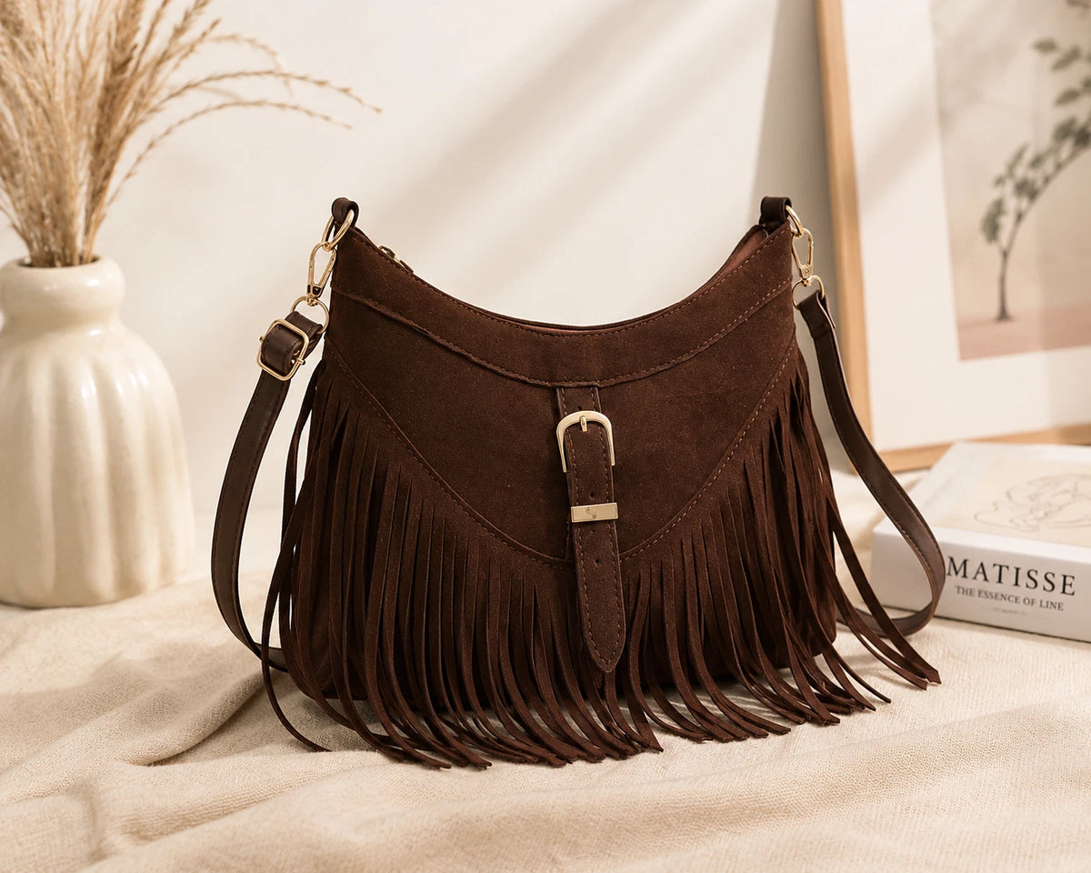 Damen Fransentasche Braun im Boho-Stil – Vegane Umhängetasche