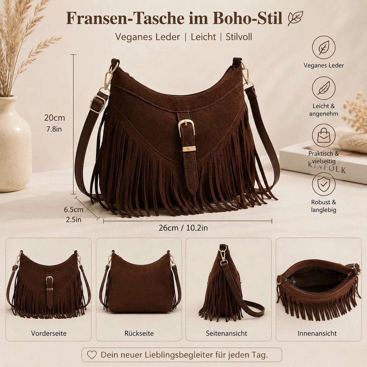 Damen Fransentasche Braun im Boho-Stil – Vegane Umhängetasche