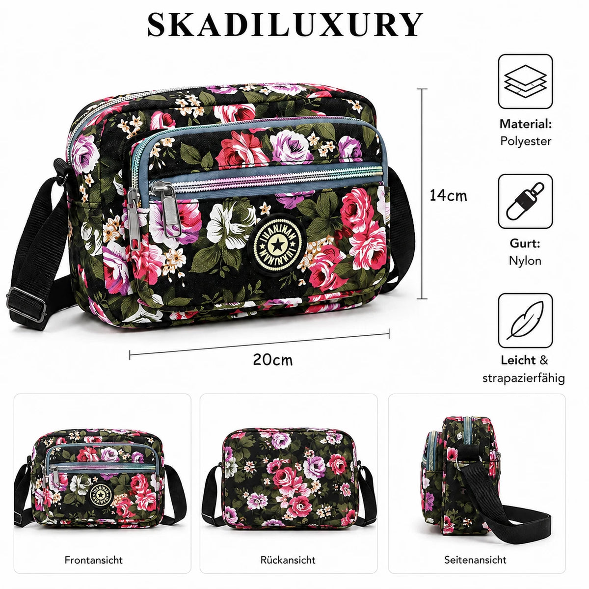 Damen Umhängetasche mit Blumenmuster – Schultertasche aus Polyester