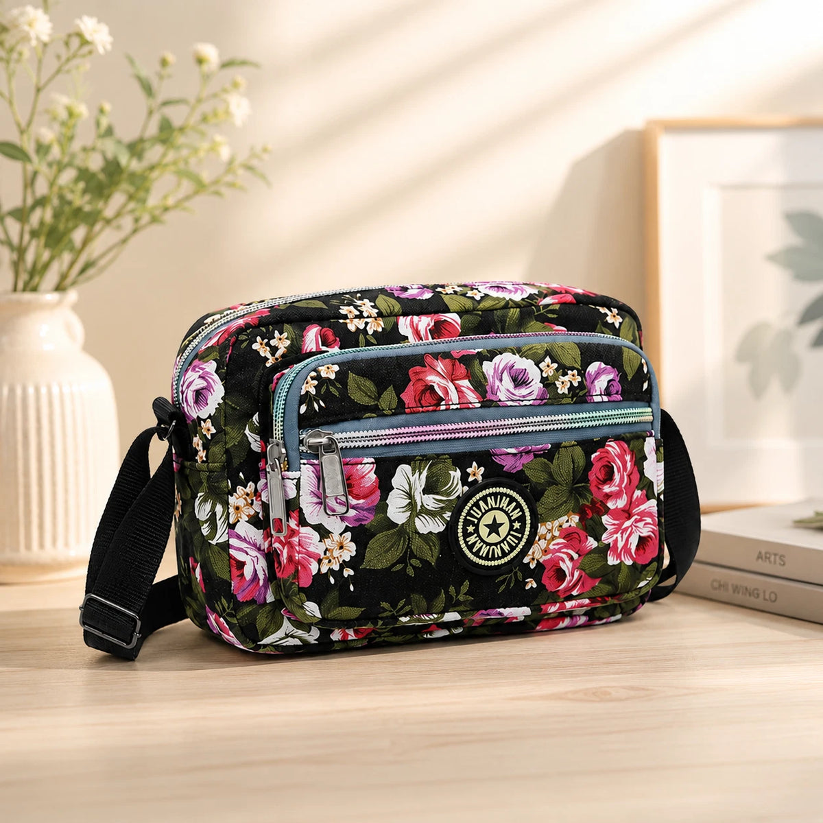 Damen Umhängetasche mit Blumenmuster – Schultertasche aus Polyester