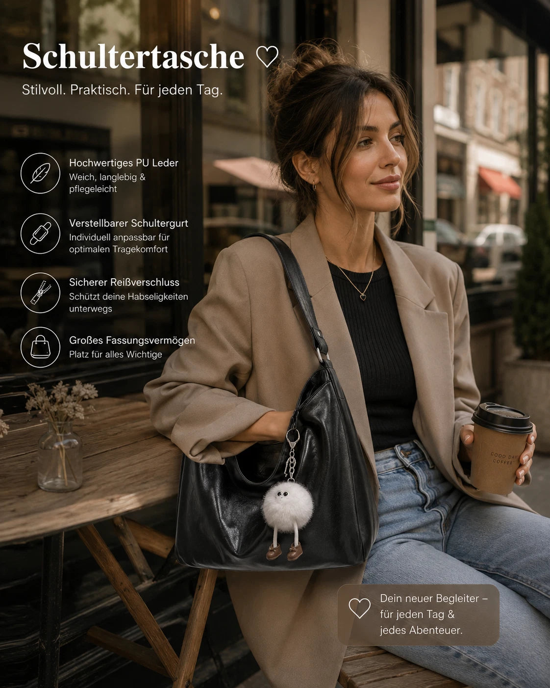 Damen Schultertasche Schwarz aus PU-Leder mit Reißverschluss und süßem Plüsch