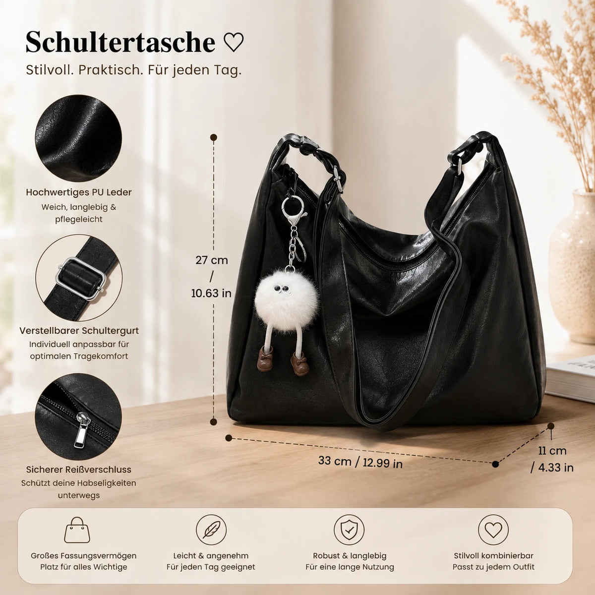 Damen Schultertasche Schwarz aus PU-Leder mit Reißverschluss und süßem Plüsch