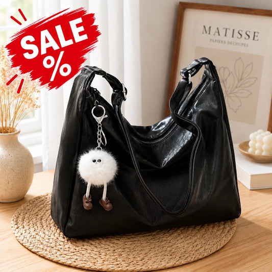 Damen Schultertasche Schwarz aus PU-Leder mit Reißverschluss und süßem Plüsch