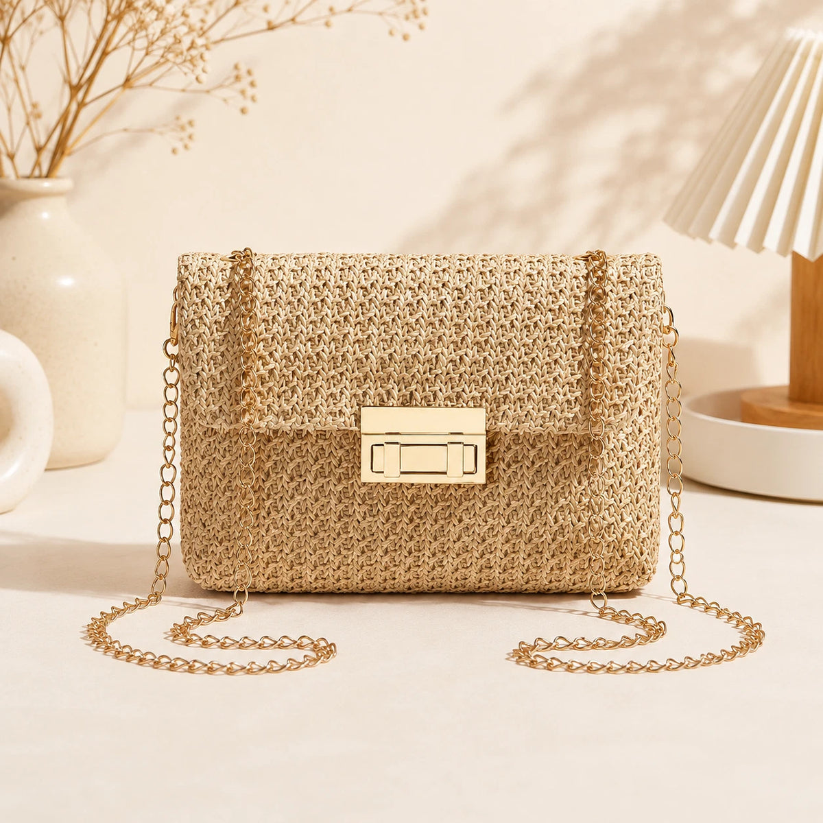 Damen Umhängetasche in Strohoptik Beige mit goldener Kette – elegante Clutch