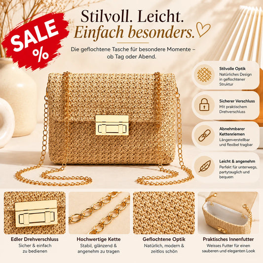 Damen Umhängetasche in Strohoptik Beige mit goldener Kette – elegante Clutch