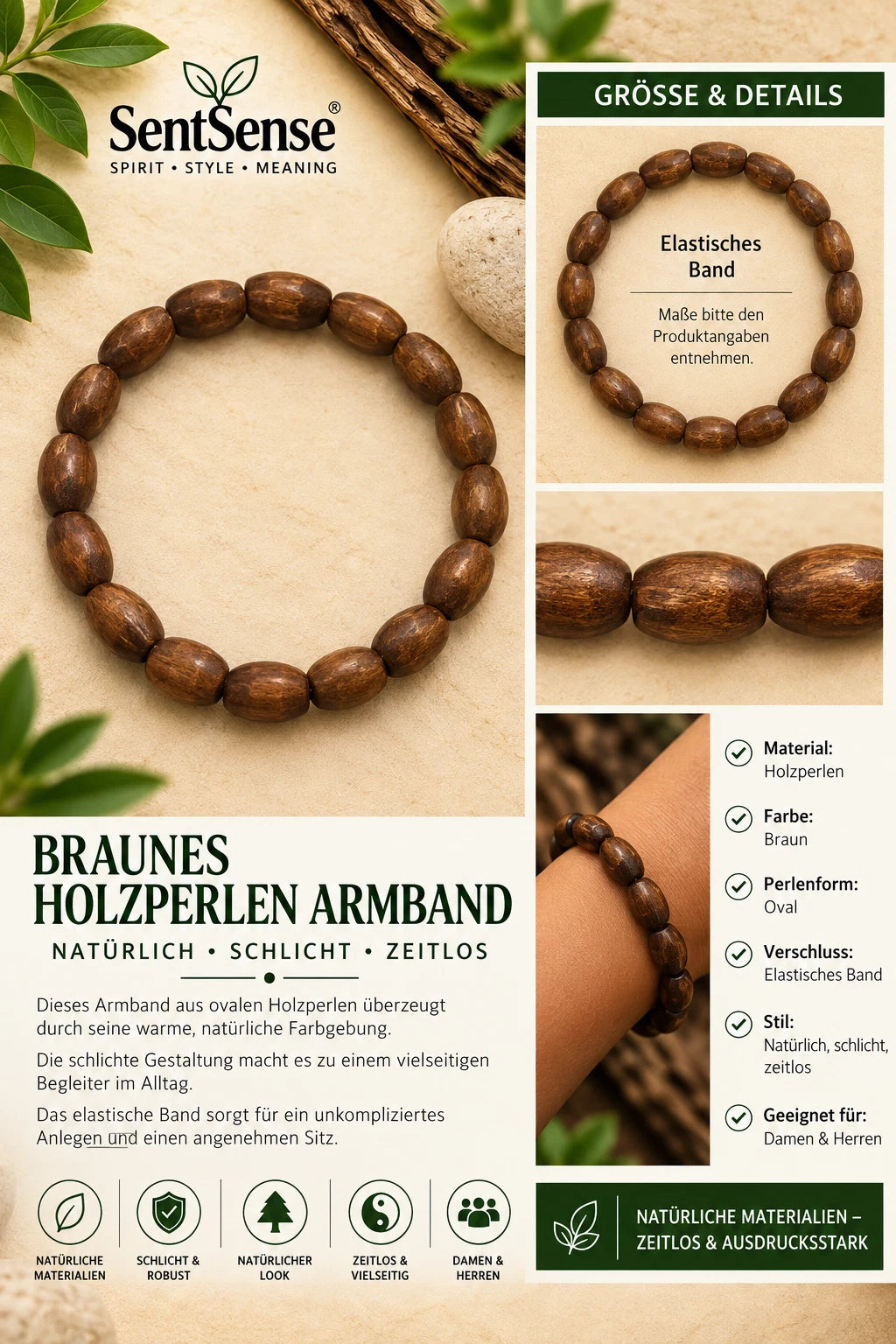 Elegantes Holzarmband – Zylindrische Holzperlen | Natürlich • Zeitlos • Unisex
