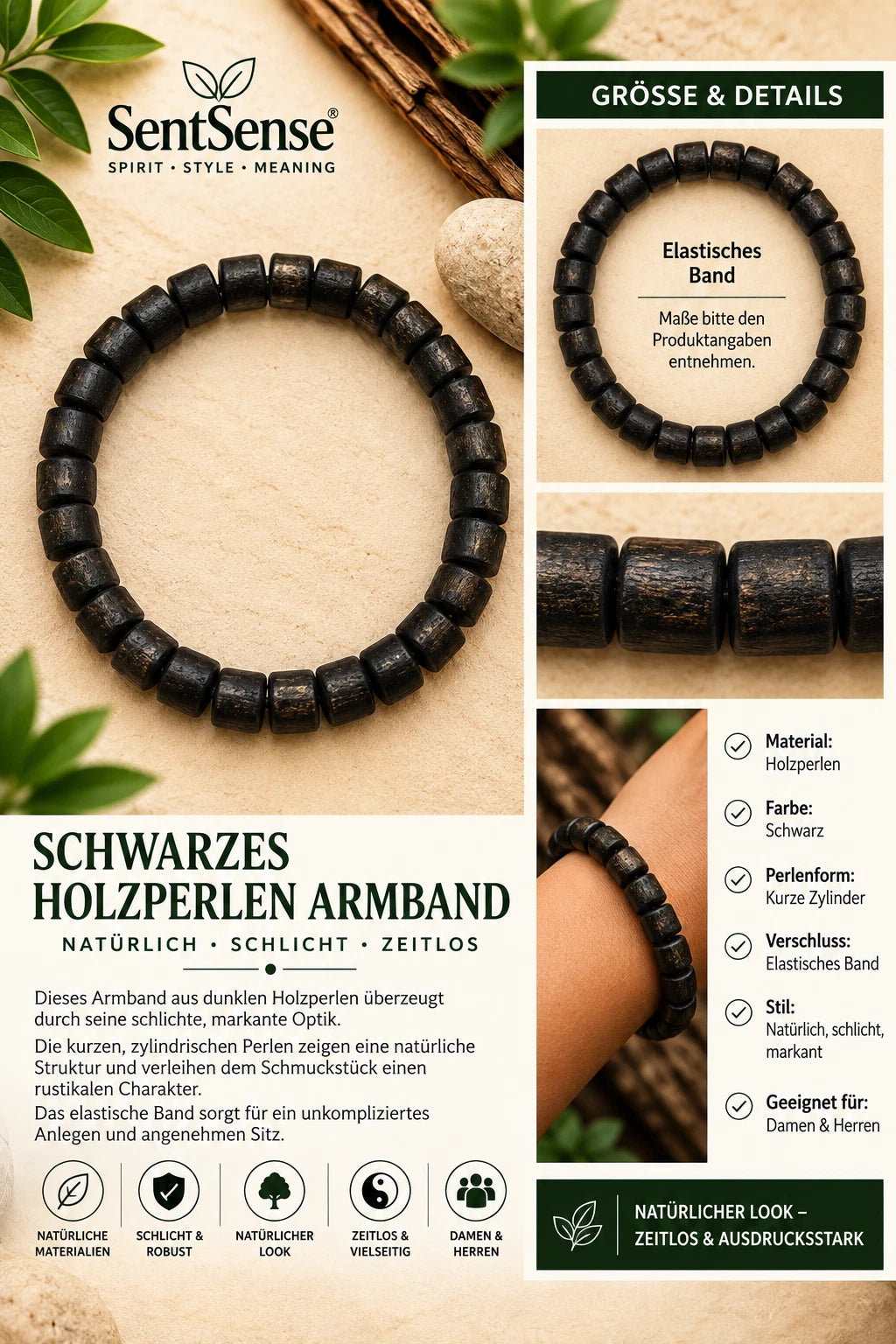 Elegantes Holzarmband – Zylindrische Holzperlen | Natürlich • Zeitlos • Unisex