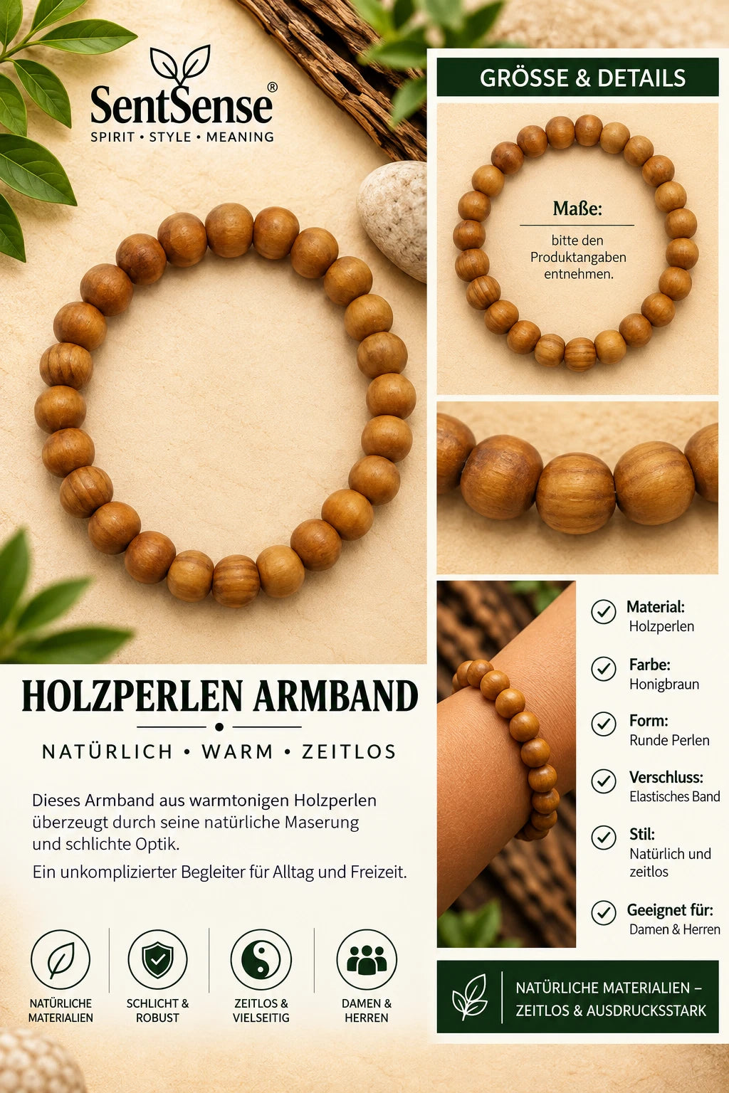 Elegantes Holzarmband – Zylindrische Holzperlen | Natürlich • Zeitlos • Unisex
