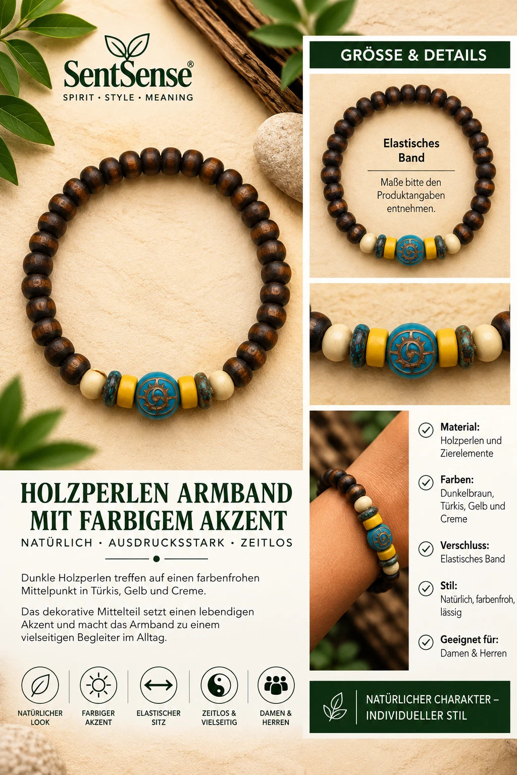 Elegantes Holzarmband – Zylindrische Holzperlen | Natürlich • Zeitlos • Unisex