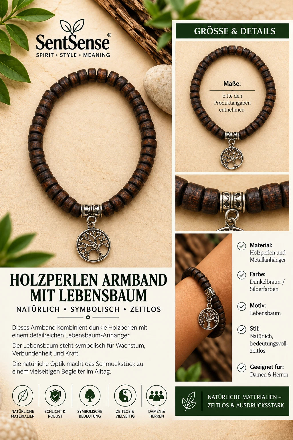 Elegantes Holzarmband – Zylindrische Holzperlen | Natürlich • Zeitlos • Unisex