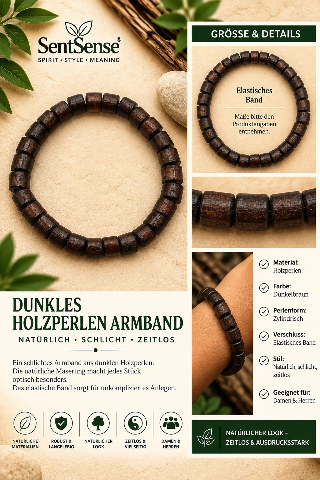 Elegantes Holzarmband – Zylindrische Holzperlen | Natürlich • Zeitlos • Unisex