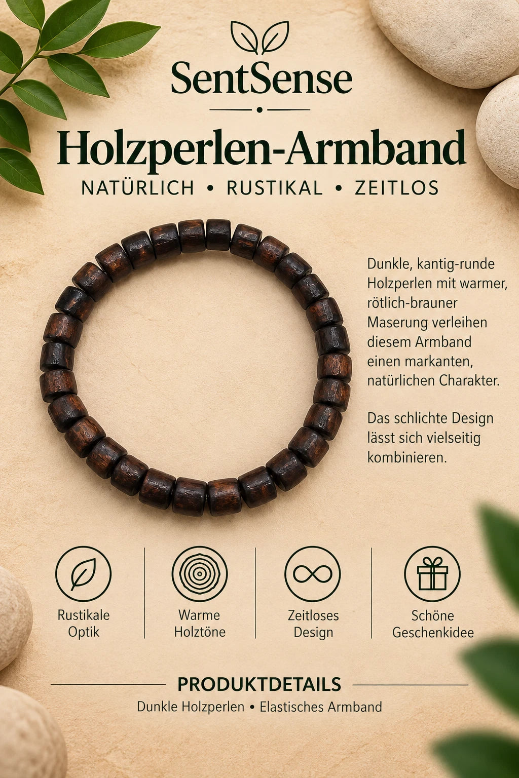 Elegantes Holzarmband – Zylindrische Holzperlen | Natürlich • Zeitlos • Unisex