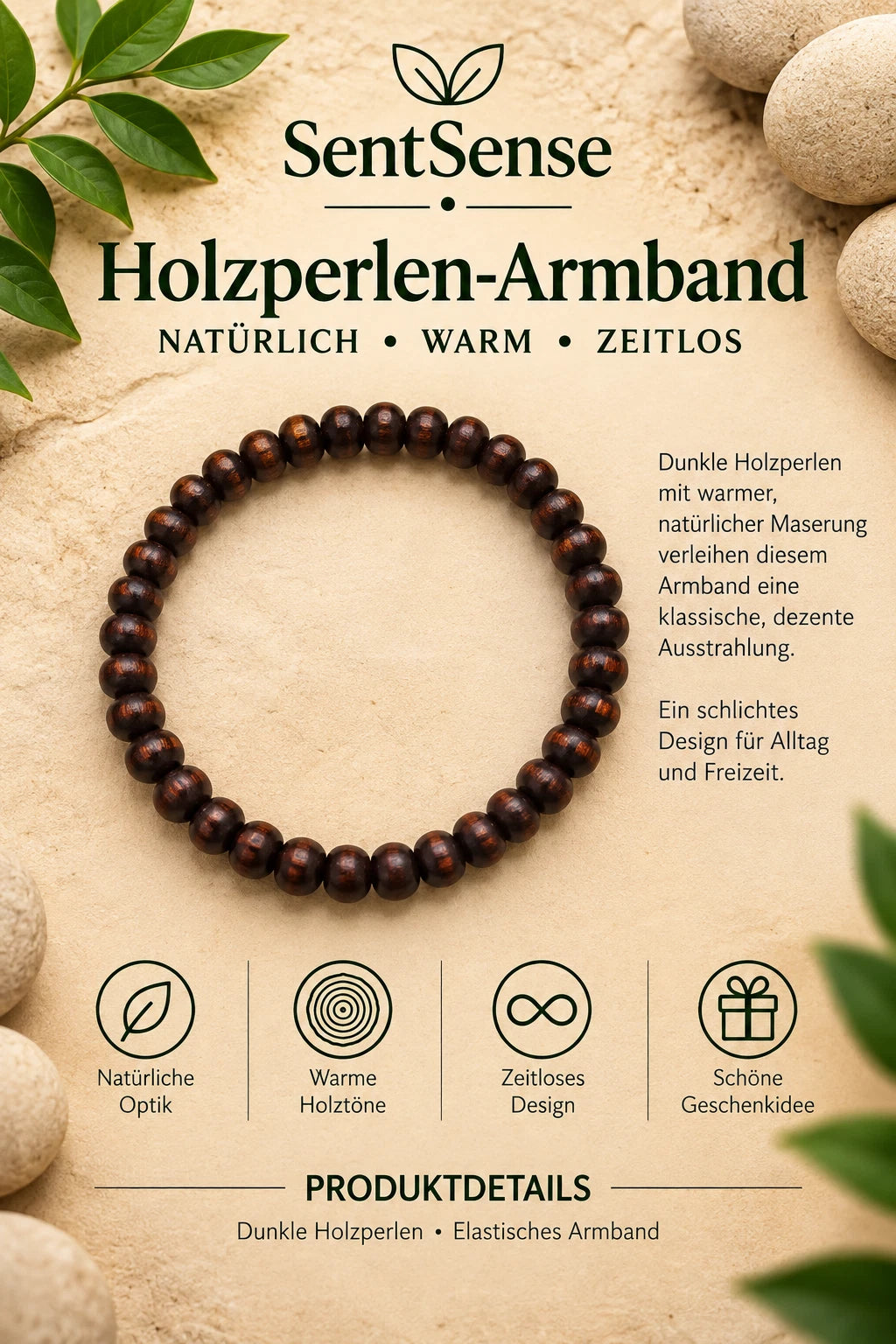 Elegantes Holzarmband – Zylindrische Holzperlen | Natürlich • Zeitlos • Unisex