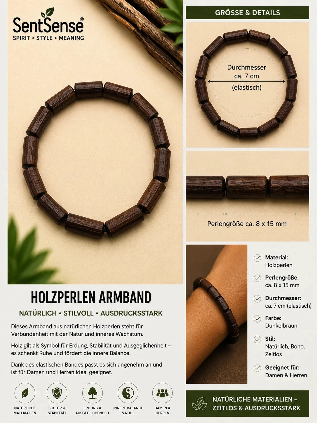 Elegantes Holzarmband – Zylindrische Holzperlen | Natürlich • Zeitlos • Unisex