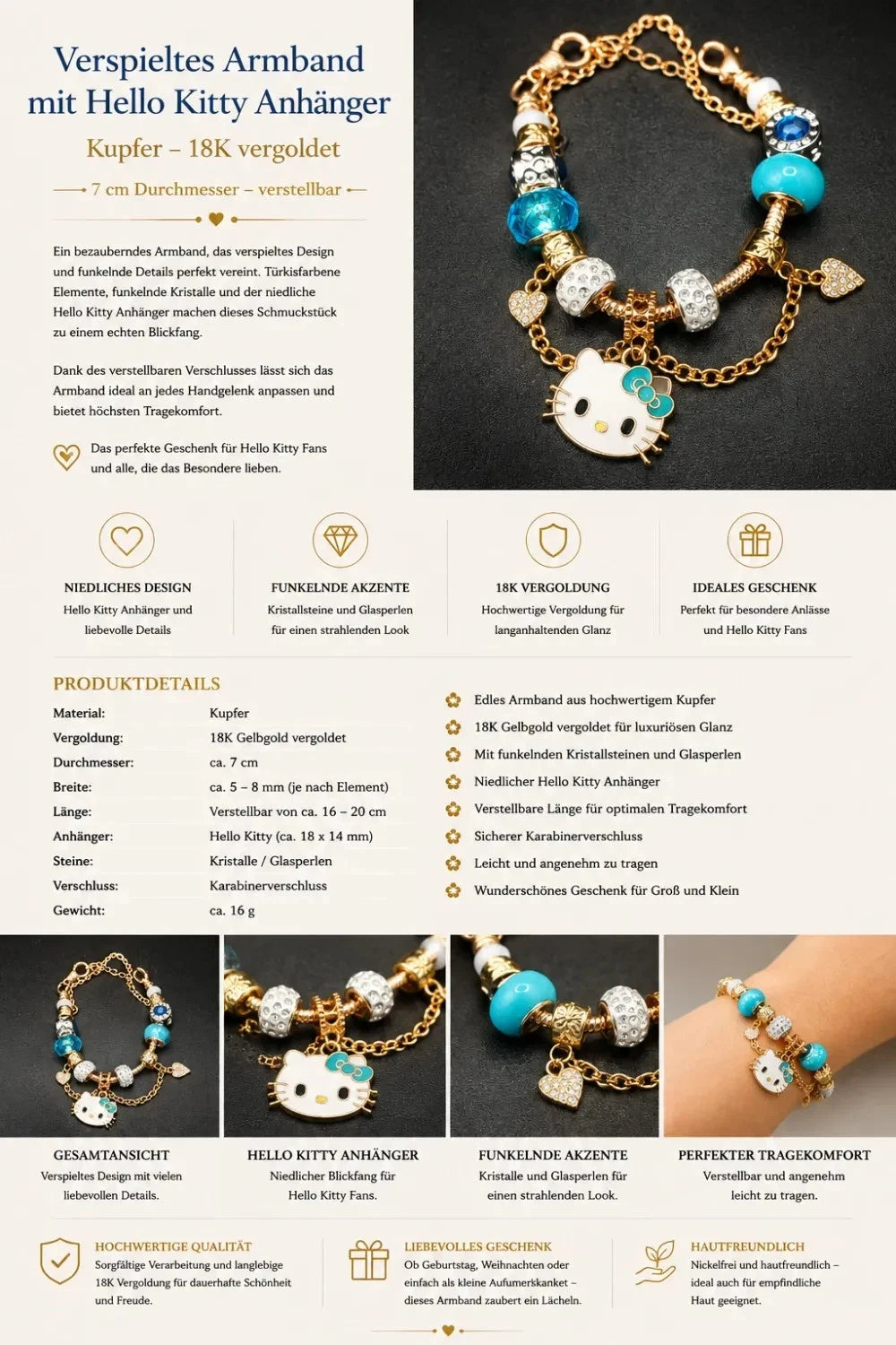 Elegantes Armband – 18K Gelb vergoldet Kupfer mit Zirkonia