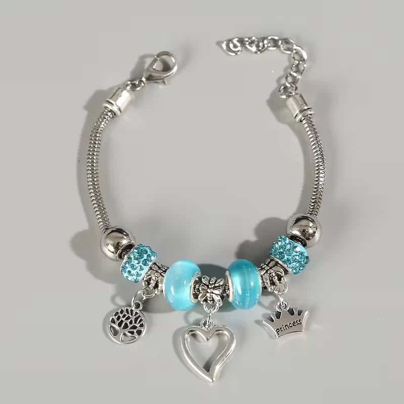 Charm-Armband mit Anhängern – Blau oder Schwarz – Krone, Schmetterling & Herz