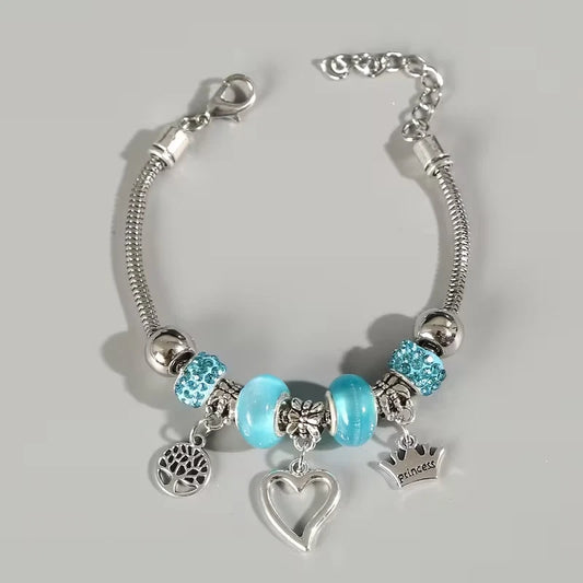 Charm-Armband mit Anhängern – Blau oder Schwarz – Krone, Schmetterling & Herz