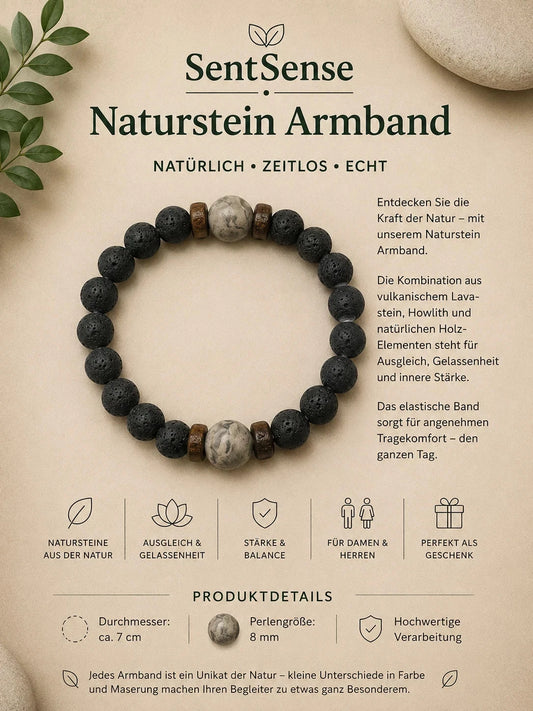 SentSense Naturstein Armband – Elastisch & Zeitlos Lavastein