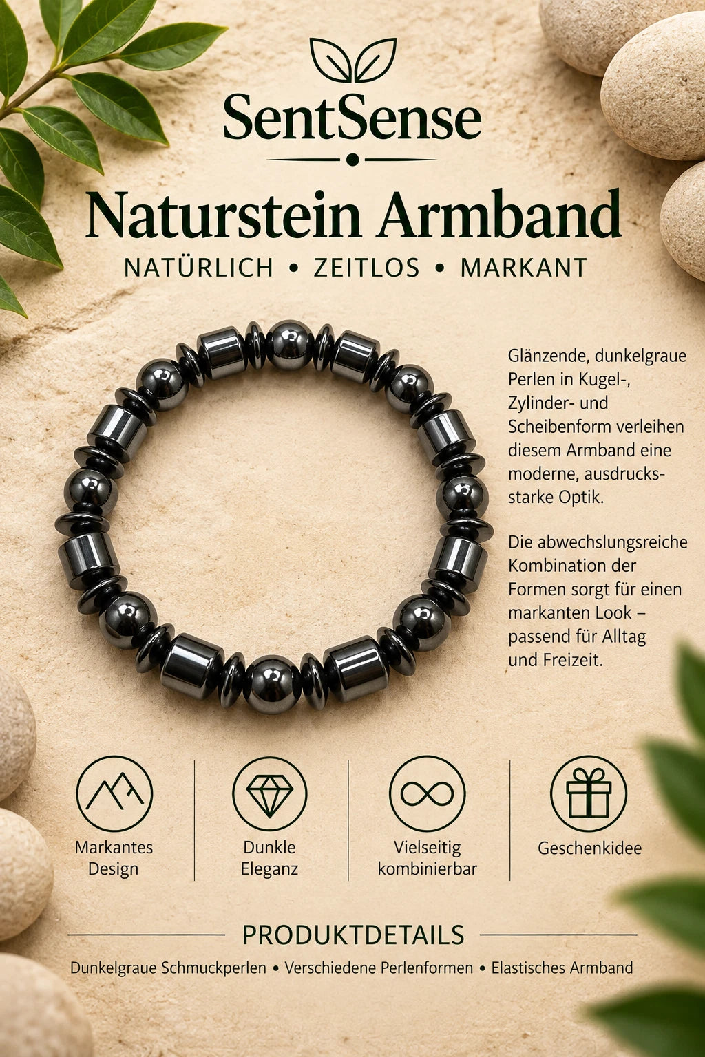 SentSense Naturstein Armband – Elastisch & Zeitlos Lavastein