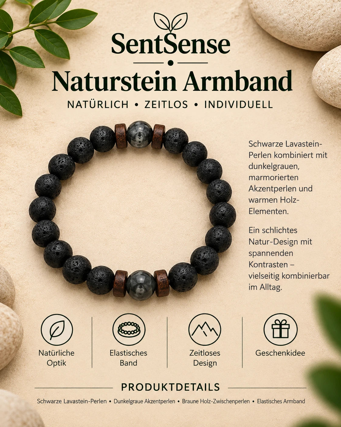 SentSense Naturstein Armband – Elastisch & Zeitlos Lavastein