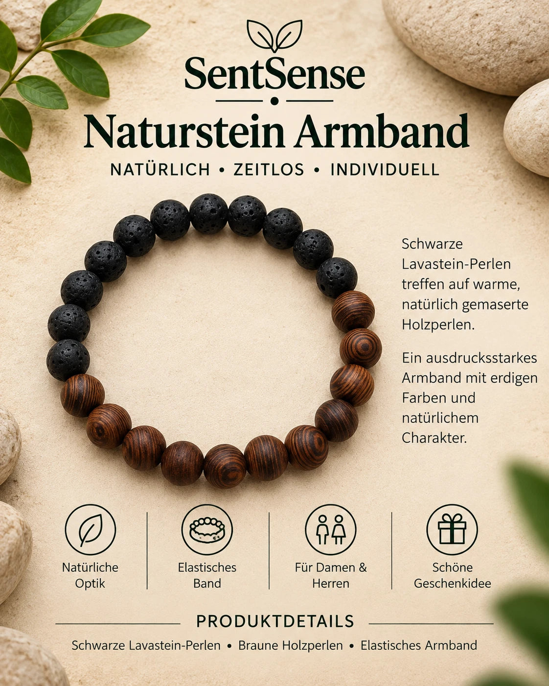 SentSense Naturstein Armband – Elastisch & Zeitlos Lavastein