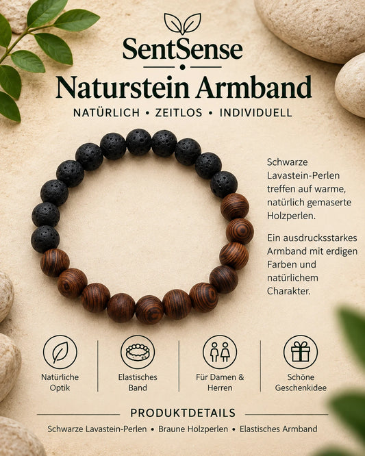 SentSense Naturstein Armband – Elastisch & Zeitlos Lavastein