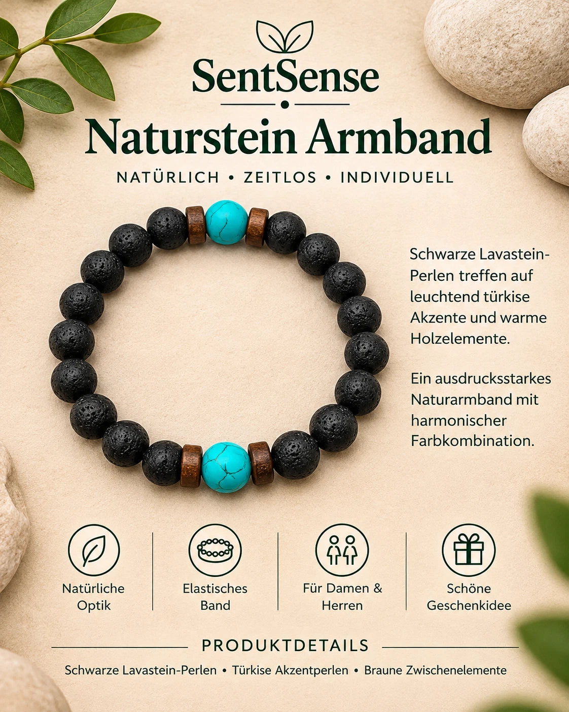 SentSense Naturstein Armband – Elastisch & Zeitlos Lavastein
