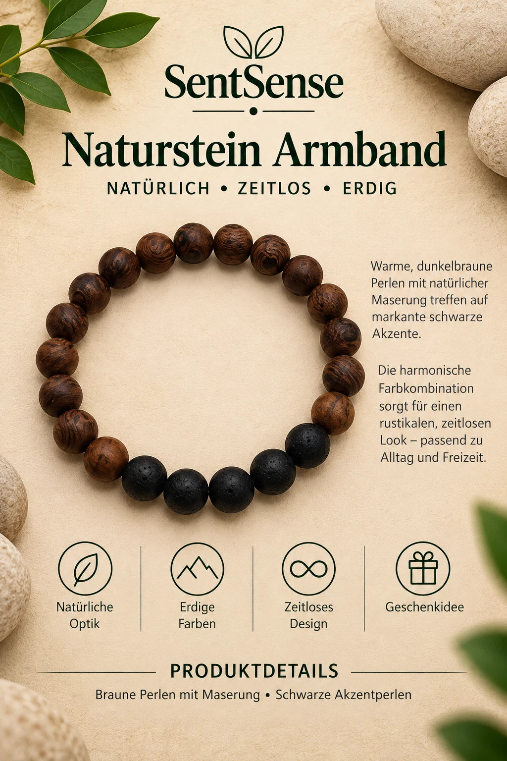 SentSense Naturstein Armband – Elastisch & Zeitlos Lavastein