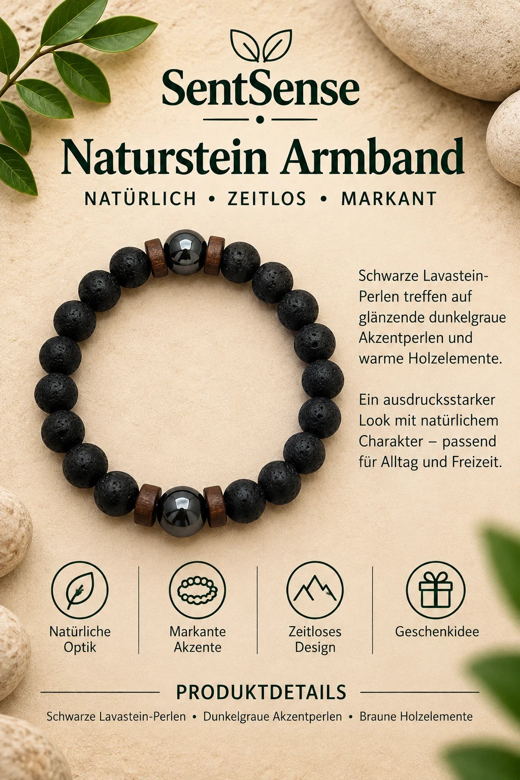 SentSense Naturstein Armband – Elastisch & Zeitlos Lavastein