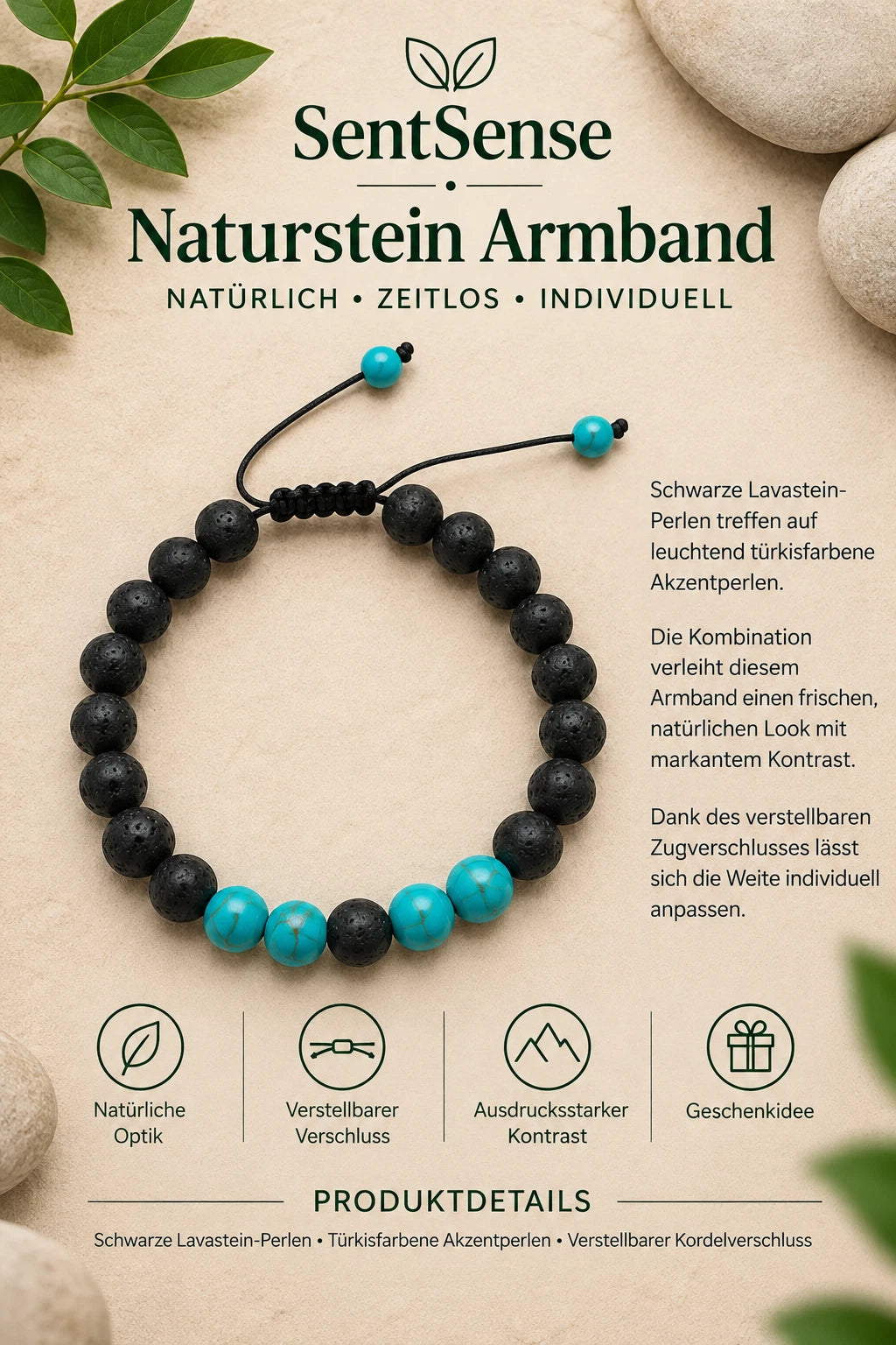 SentSense Naturstein Armband – Elastisch & Zeitlos Lavastein