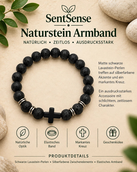 SentSense Naturstein Armband – Elastisch & Zeitlos Lavastein