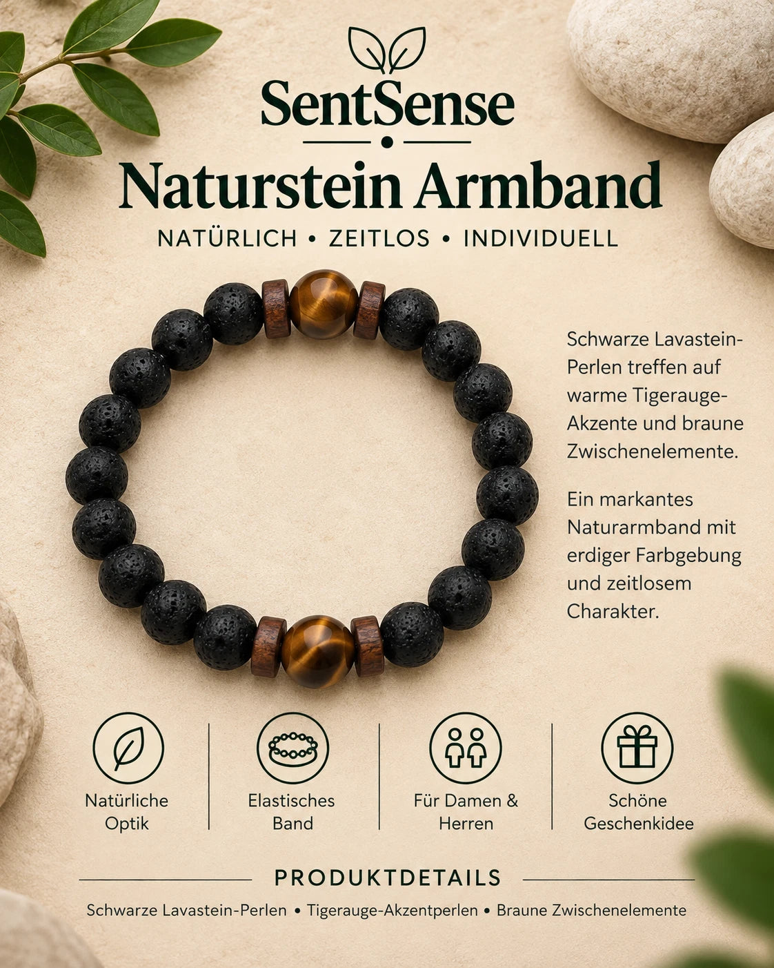 SentSense Naturstein Armband – Elastisch & Zeitlos Lavastein