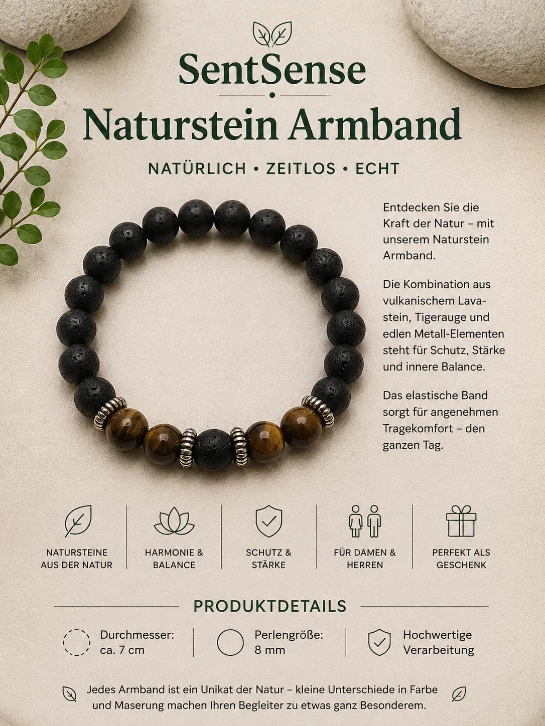 SentSense Naturstein Armband – Elastisch & Zeitlos Lavastein