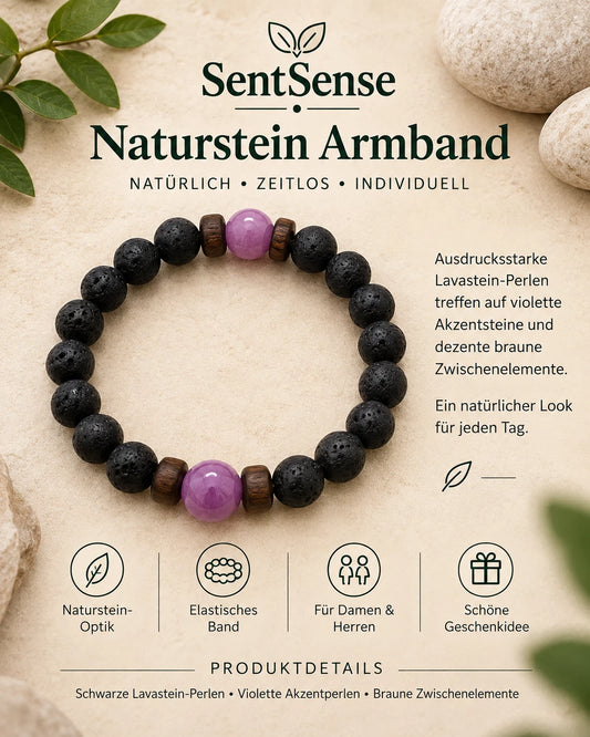 SentSense Naturstein Armband – Elastisch & Zeitlos Lavastein