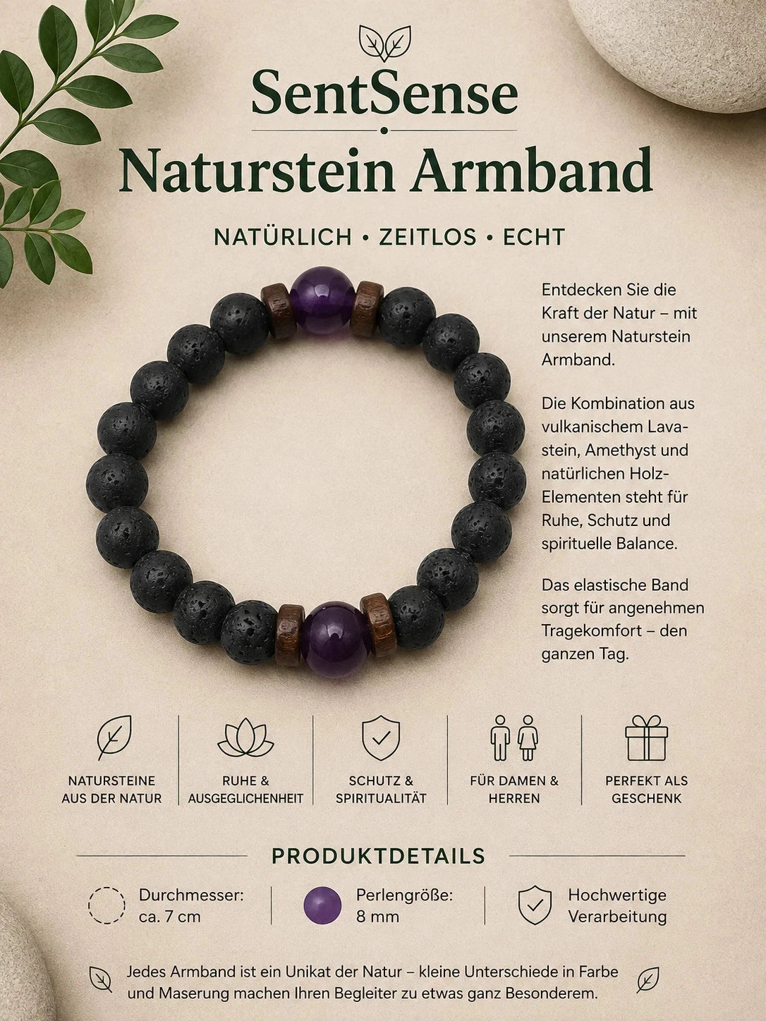 SentSense Naturstein Armband – Elastisch & Zeitlos Lavastein