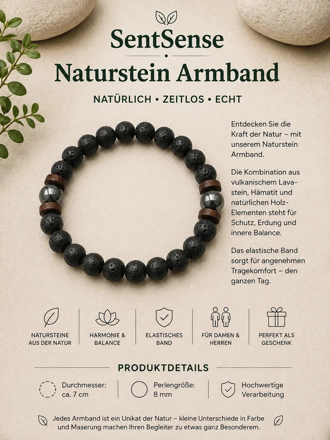SentSense Naturstein Armband – Elastisch & Zeitlos Lavastein