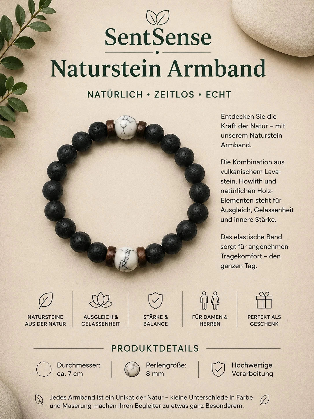 SentSense Naturstein Armband – Elastisch & Zeitlos Lavastein
