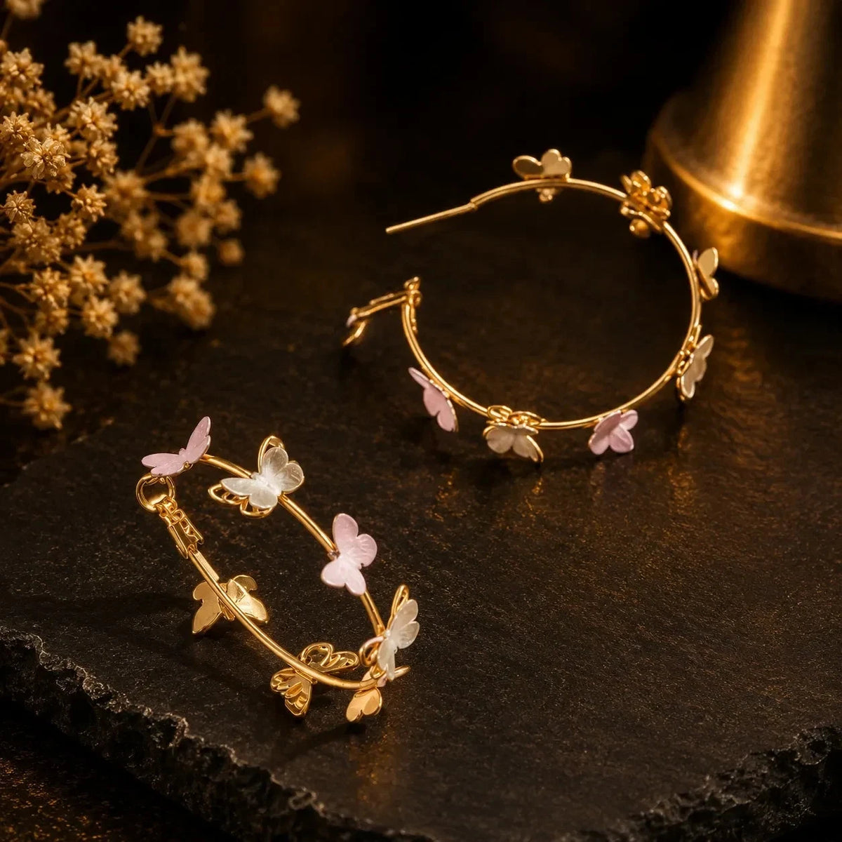 18K Vergoldete Schmetterling Creolen Damen Ohrringe Rosa Weiß Gold