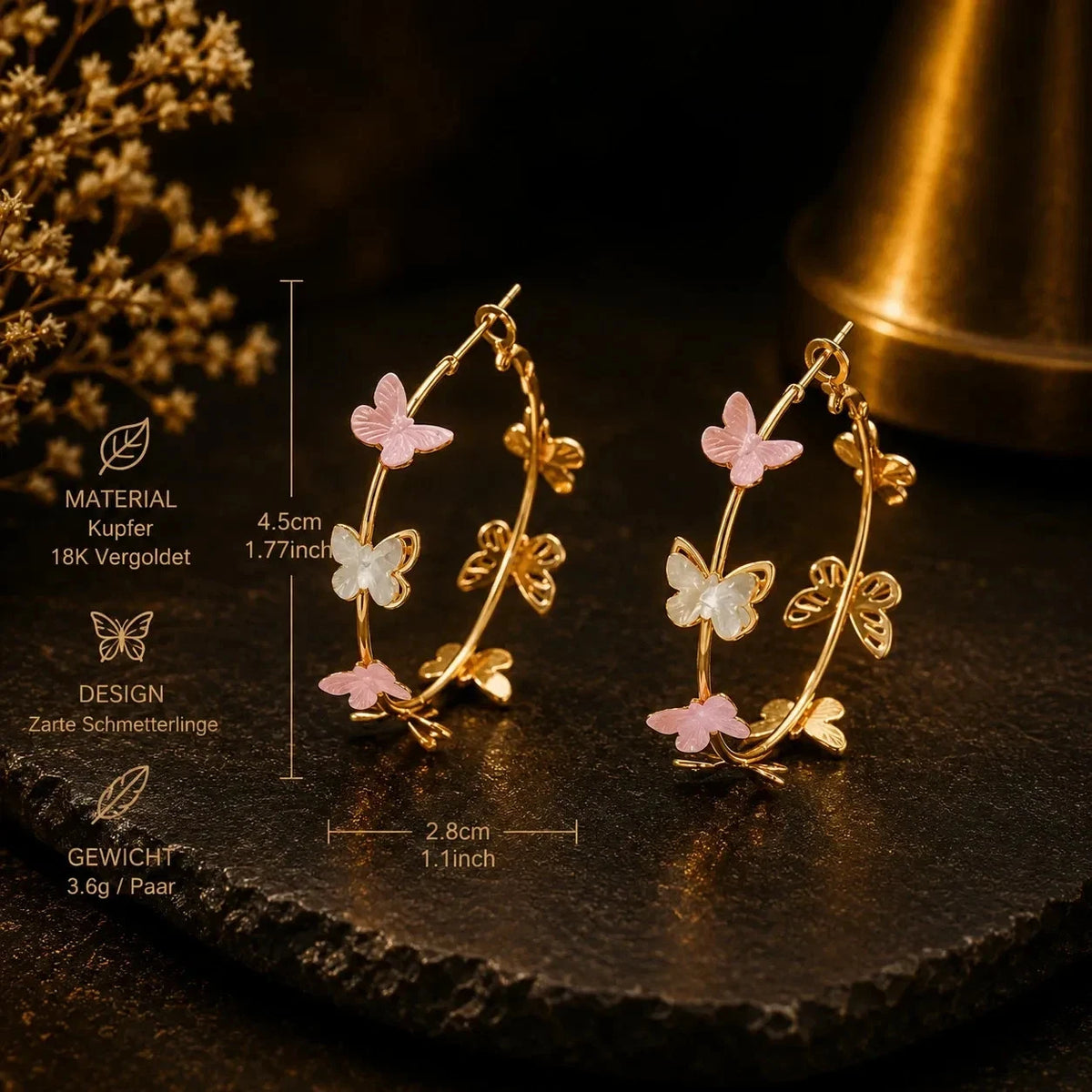 18K Vergoldete Schmetterling Creolen Damen Ohrringe Rosa Weiß Gold