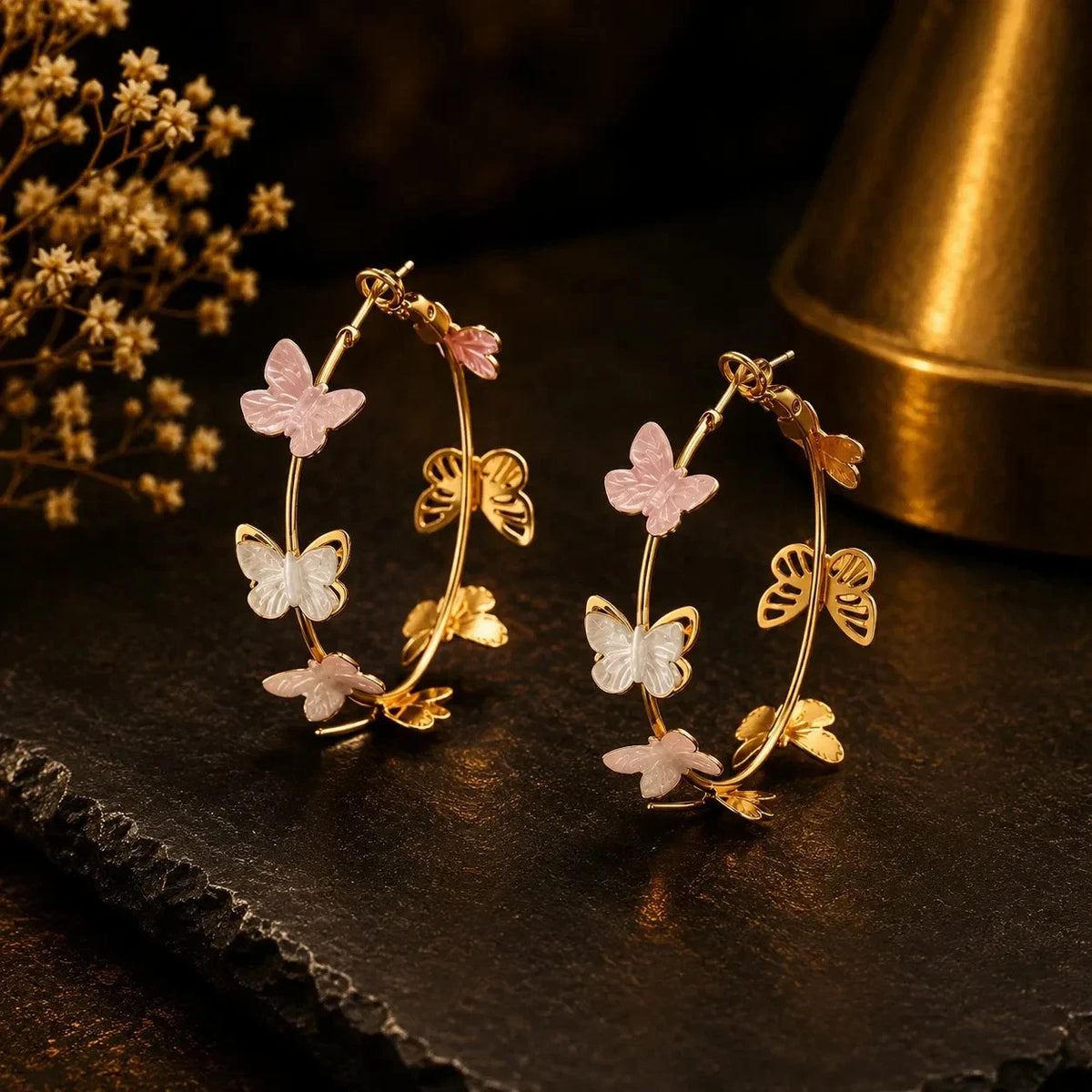 18K Vergoldete Schmetterling Creolen Damen Ohrringe Rosa Weiß Gold
