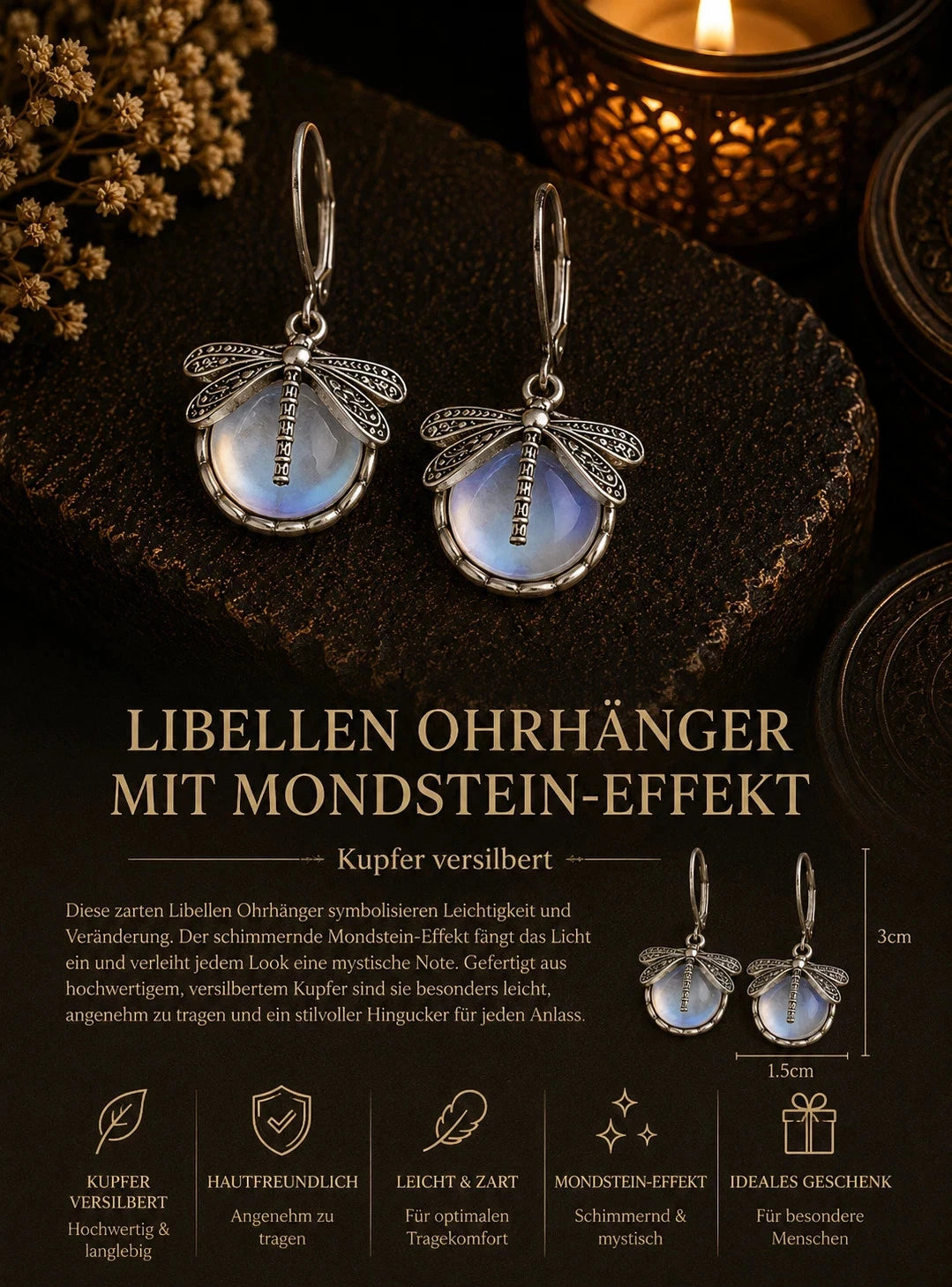 Libellen Ohrränger mit Mondstein-Effekt – Kupfer versilbert