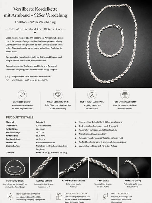 Elegantes Ketten- & Armband-Set aus Edelstahl – 925er versilbert – 45 cm / 7 cm