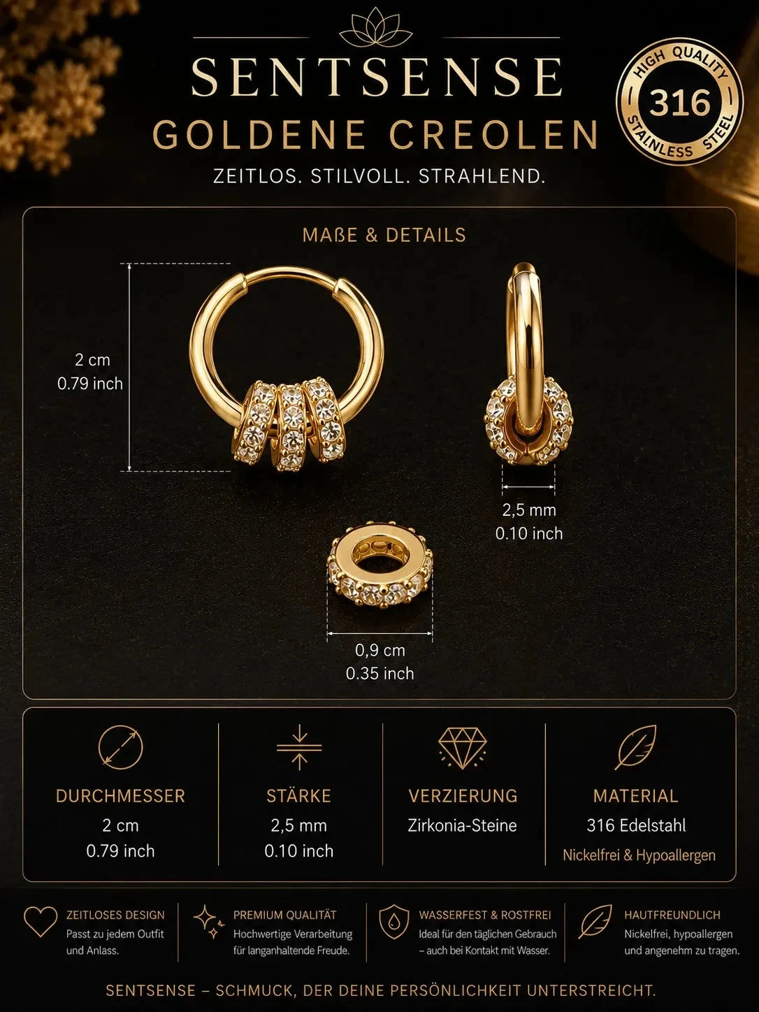SentSense Funkelnde Creolen „Aurora“ – Goldene Eleganz aus 316 Edelstahl