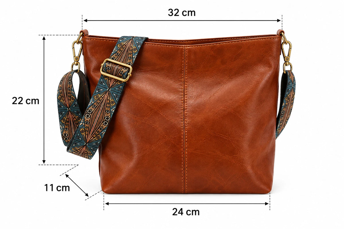 Umhängetasche PU Leder 32cm Schultertasche mit breitem Boho-Trageriemen