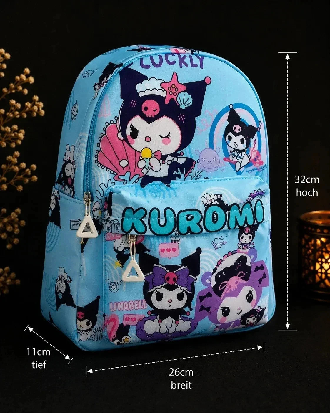 Kinder Rucksack Kuromi Blau Backpack Schulrucksack Freizeit Tasche mit Frontfach