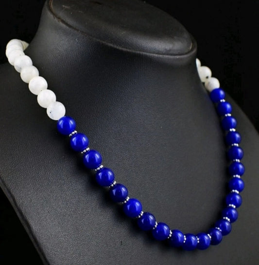 Moonstone & Sapphire Halskette 20" – 8 mm Edelsteine – 241 ct – Blau/Weiß