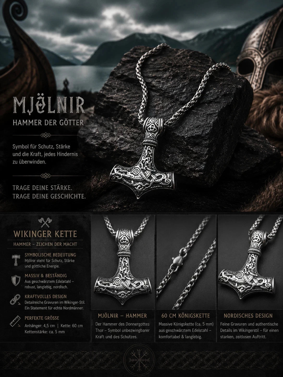 Wikinger Halskette Edelstahl Mjölnir Kette 60cm Nordisch Viking