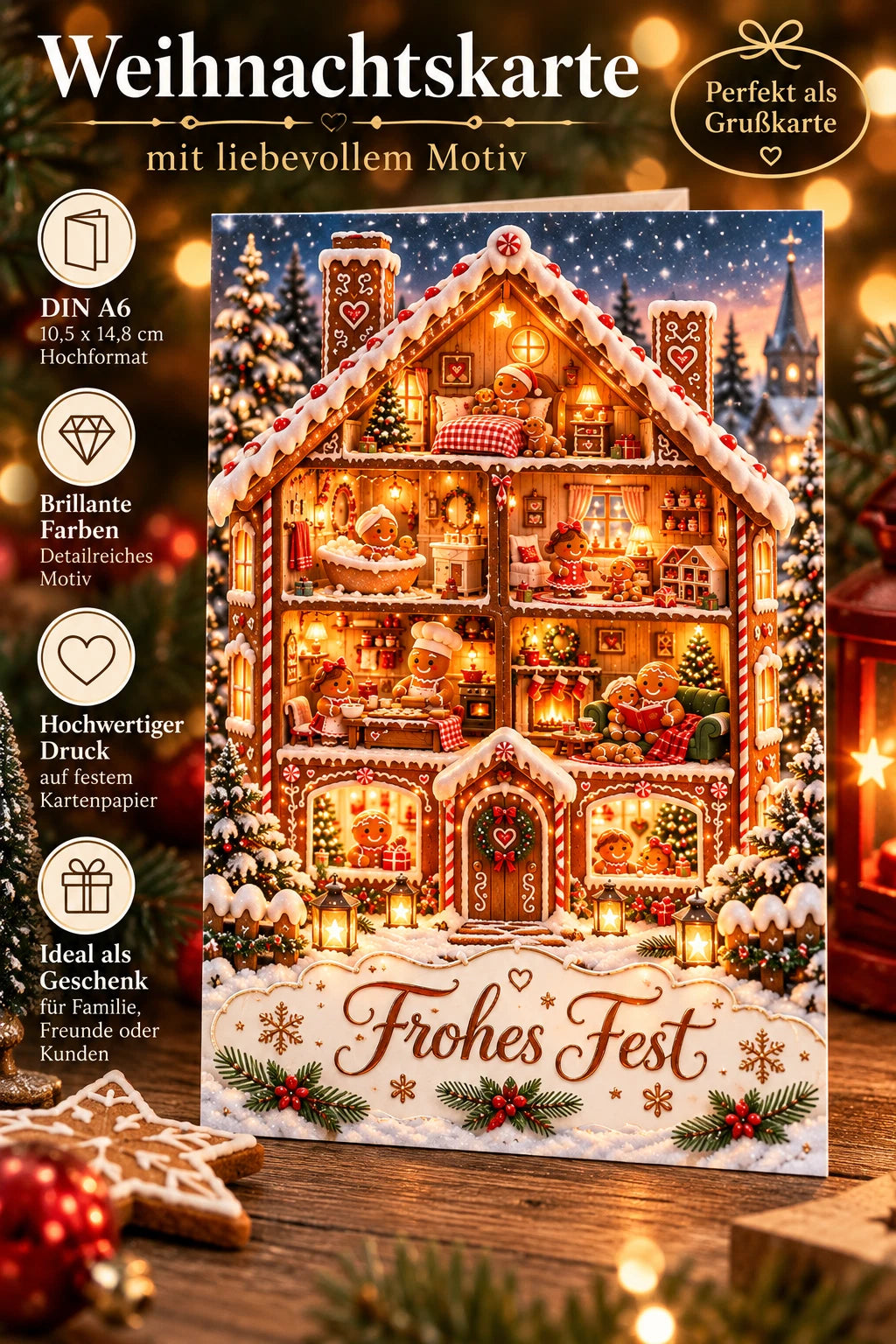 Weihnachtskarte DIN A6 Hochformat – Magisches Lebkuchenhaus mit „Frohes Fest“