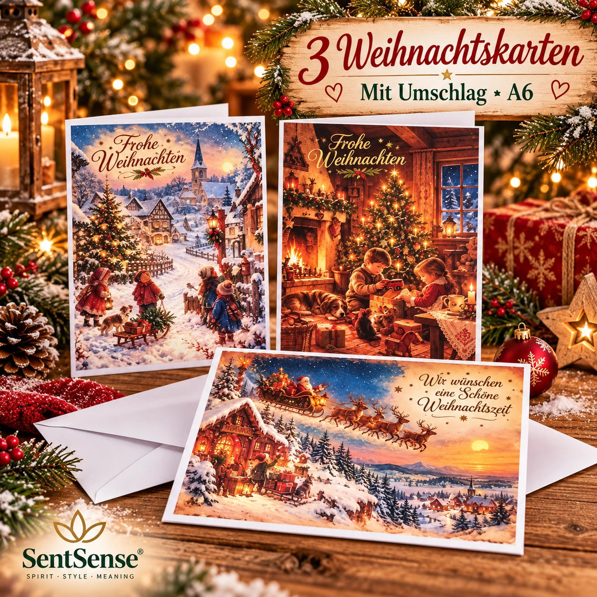 3 Weihnachtskarten A6 mit Umschlag – Wintermotive, Weihnachtsdorf & Weihnachten