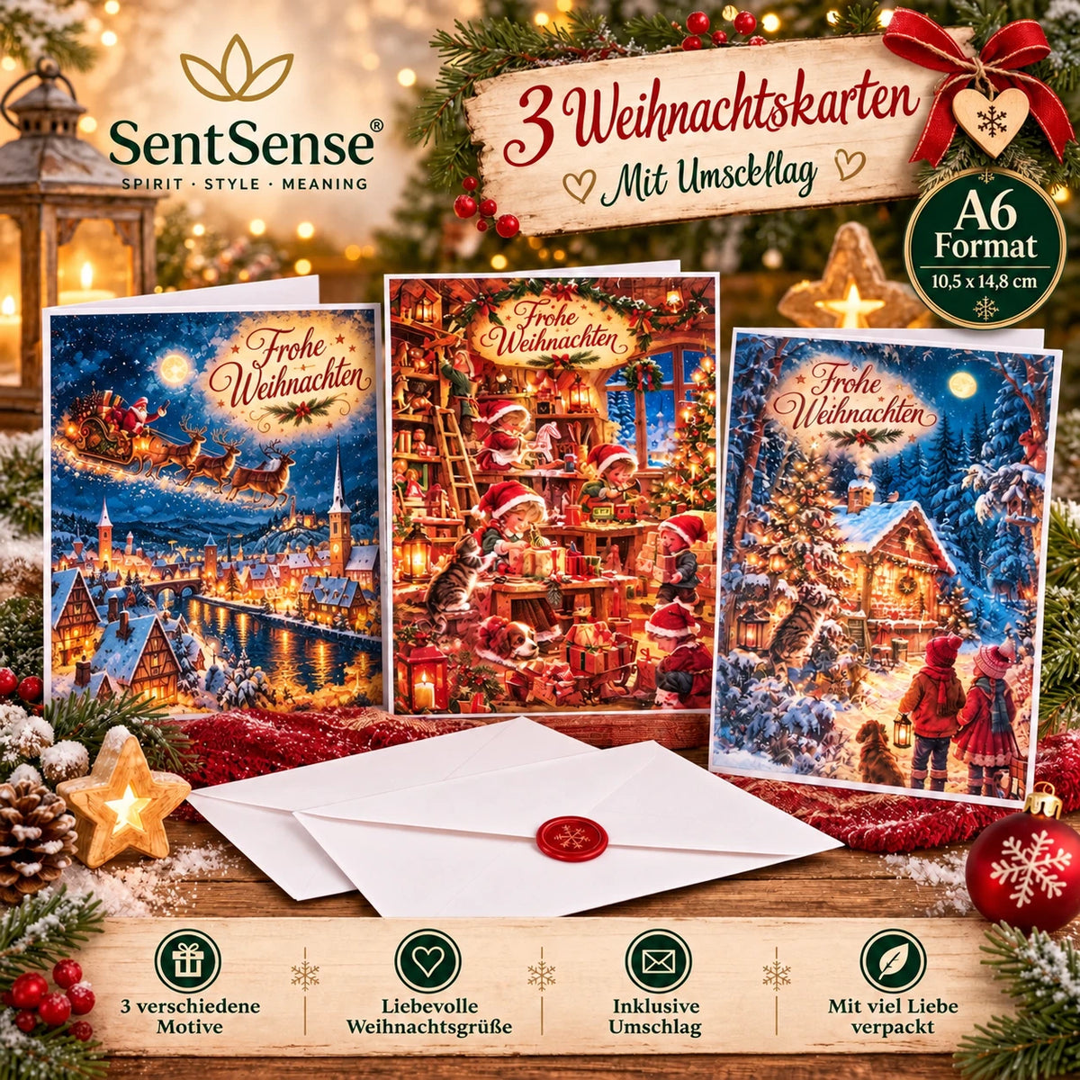 3 Weihnachtskarten A6 mit Umschlag – Wintermotive, Weihnachtsdorf & Weihnachten